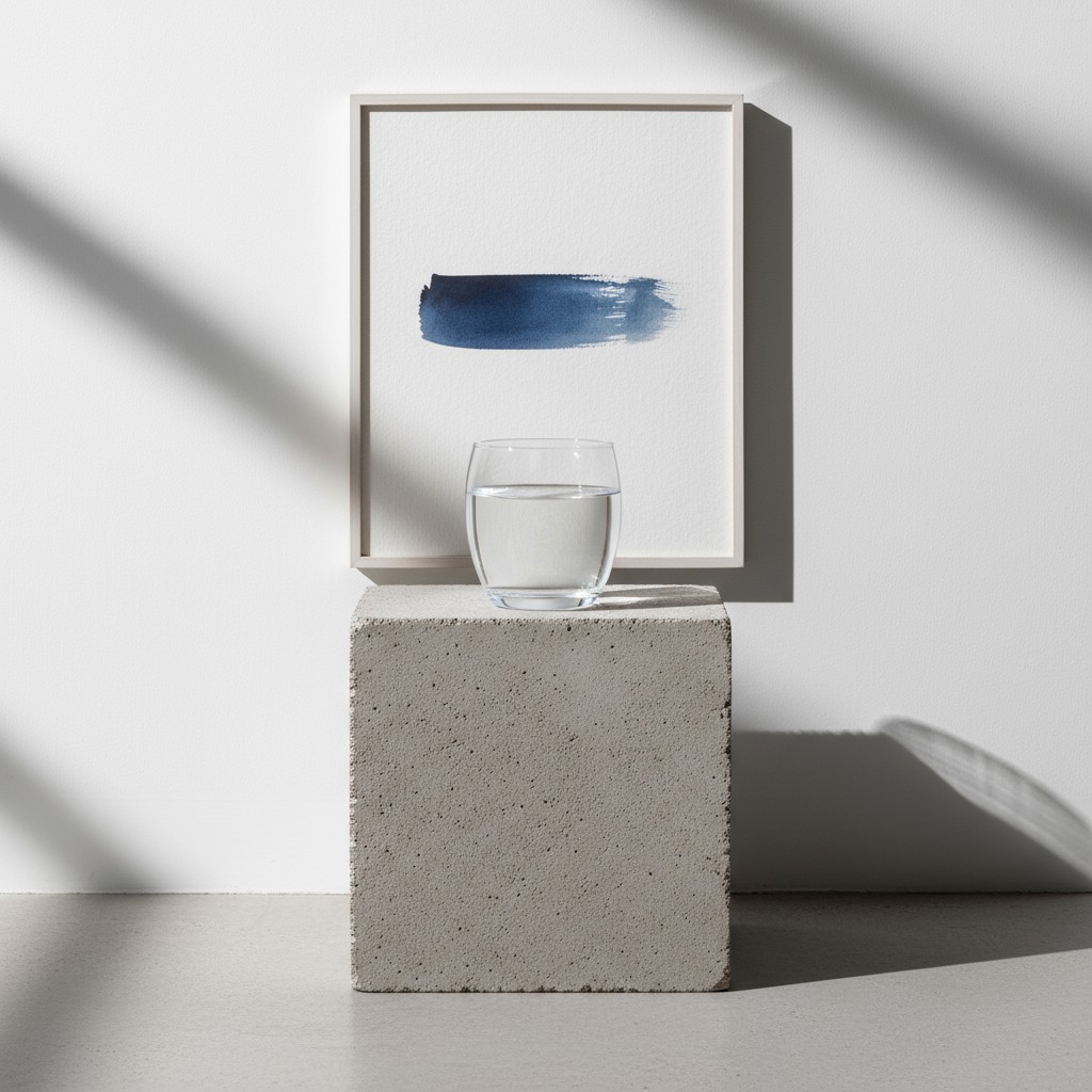 D'un cadre blanc peu nébuleux, avec une tasse d'eau carrelée en place, contre un fond clair avec des ombres et une trace d...