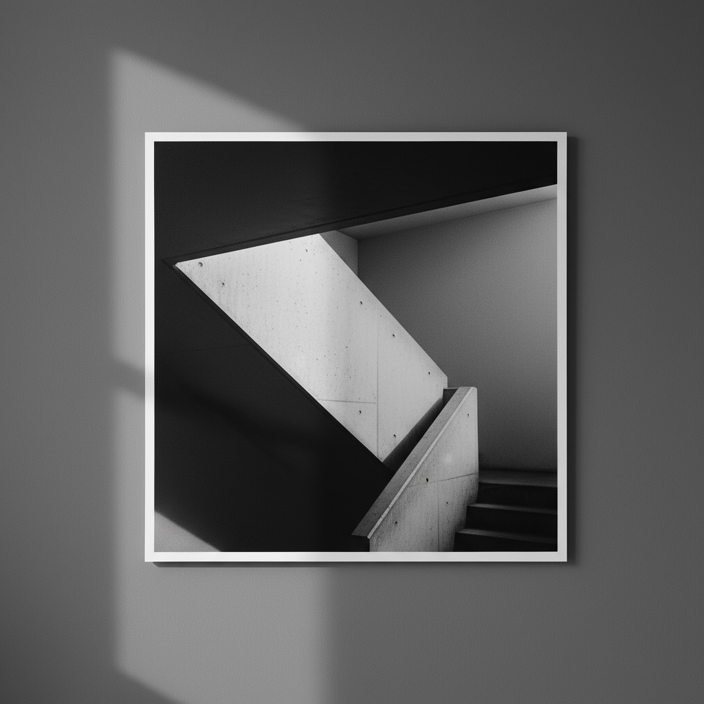Image of a staircase, featuring a minimalist design with natural light pouring in from above, casting a dramatic shadow on...