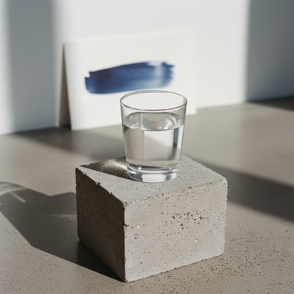 Une tasse de l'eau à côté d'un bloc de béton.